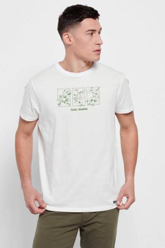 Funky Buddha ανδρικό βαμβακερό T-shirt μονόχρωμο με boxed floral και logo print μπροστά - FBM007-357-04 Κρέμ